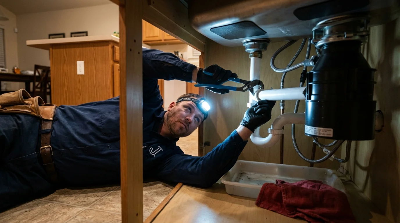 P-trap and supply line connections under a kitchen sink showing a common leak point in Thousand Oaks, CA